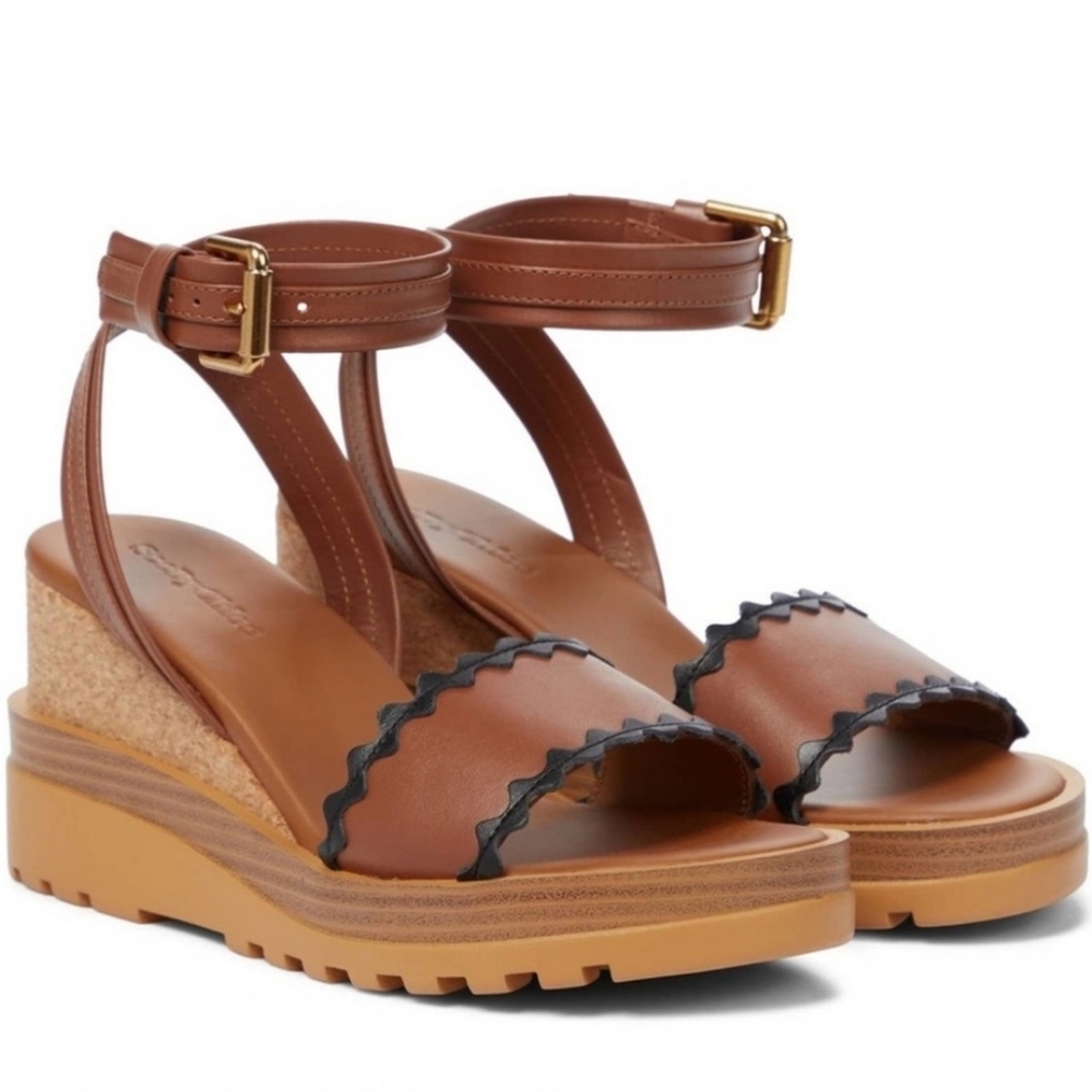 SEE BY CHLOÉ "Robin" Wedge Platform w/Ankle Strap - Tan/Brown/Black - Size 38/8